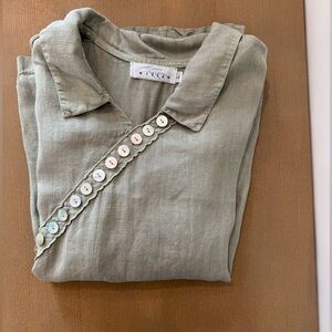 Willow Olive 100% Linen Top with Button Accents
